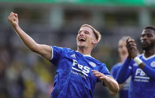Marc Albrighton of Leicester City celebrates after the final whistle of the Premier League match between Norwich City and Leicester City at Carrow...