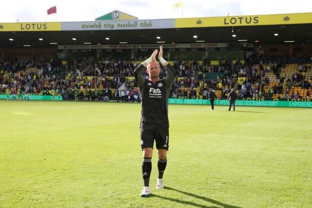 Kasper Schmeichel of Leicester City applauds the travelling Leicester City fans after the Premier League match between Norwich City and Leicester...