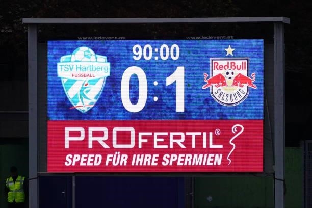 Scoreboard during the Admiral Bundesliga match between TSV Egger Glas Hartberg and FC Red Bull Salzburg at Profertil Arena on August 28, 2021 in...