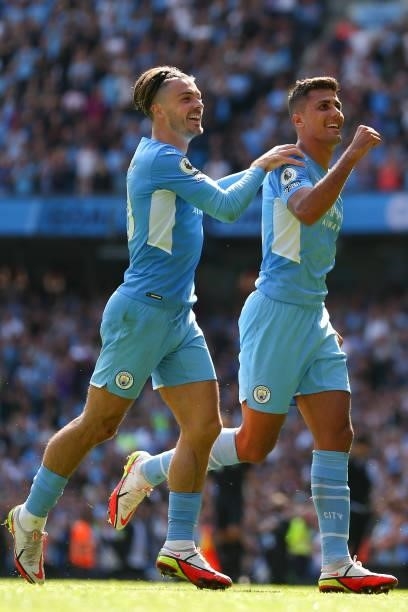 Rodri of Manchester City celebrates after scoring a goal to make it 4-0 during the Premier League match between Manchester City and Arsenal at Etihad...