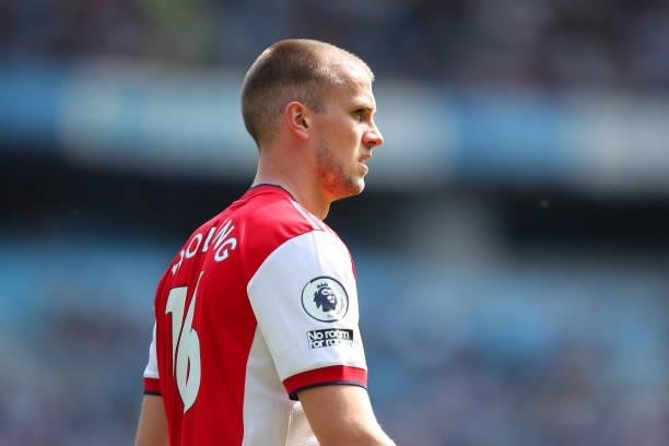Rob Holding of Arsenal during the Premier League match between Manchester City and Arsenal at Etihad Stadium on August 28, 2021 in Manchester,...