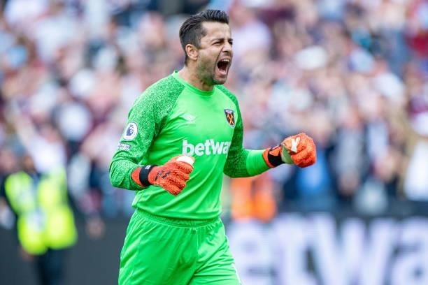 Lukasz Fabianski of West Ham celebrate after hes team score 2nd goal during the Premier League match between West Ham United and Crystal Palace at...