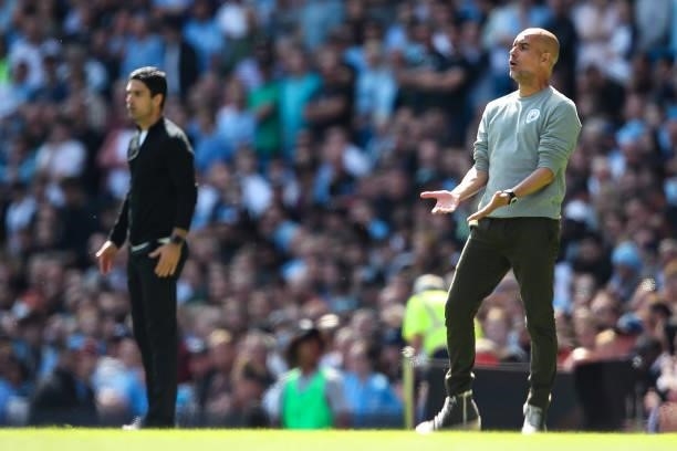 Pep Guardiola the head coach / manager of Manchester City reacts during the Premier League match between Manchester City and Arsenal at Etihad...