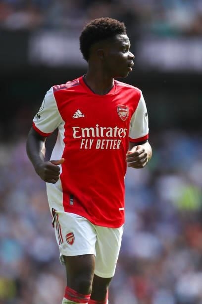 Bukayo Saka of Arsenal during the Premier League match between Manchester City and Arsenal at Etihad Stadium on August 28, 2021 in Manchester,...