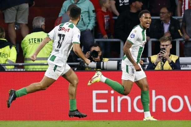 Cyril Ngonge of FC Groningen celebrates the 1-2 during the Dutch Eredivisie match between PSV Eindhoven and FC Groningen at Phillips Stadium on...