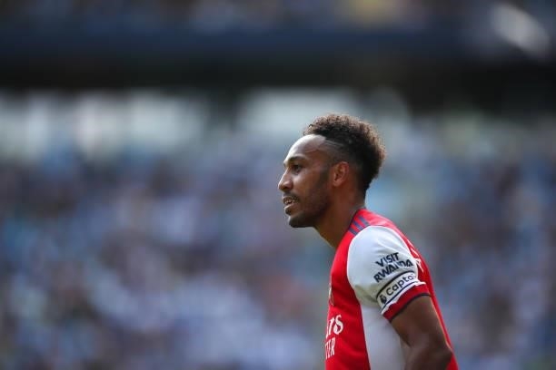 Pierre-Emerick Aubameyang of Arsenal during the Premier League match between Manchester City and Arsenal at Etihad Stadium on August 28, 2021 in...