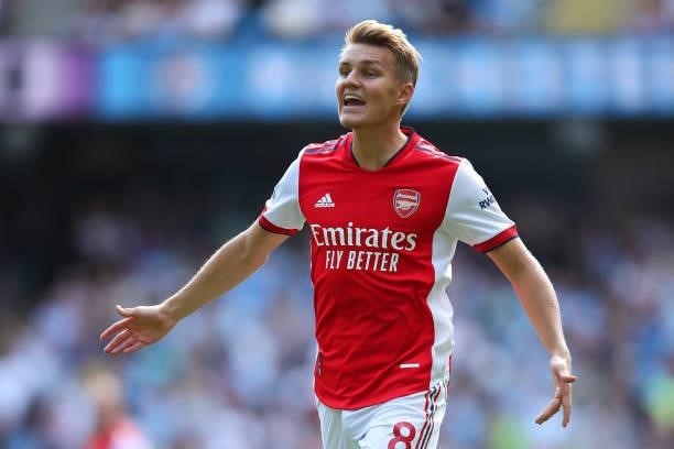 Martin Odegaard of Arsenal during the Premier League match between Manchester City and Arsenal at Etihad Stadium on August 28, 2021 in Manchester,...