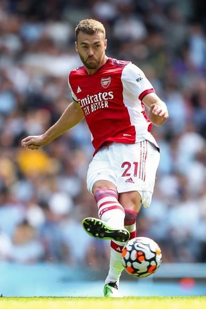 Calum Chambers of Arsenal during the Premier League match between Manchester City and Arsenal at Etihad Stadium on August 28, 2021 in Manchester,...