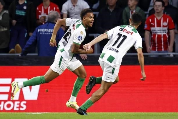 Cyril Ngonge of FC Groningen celebrates the 1-2 during the Dutch Eredivisie match between PSV Eindhoven and FC Groningen at Phillips Stadium on...