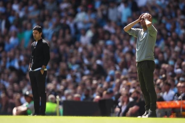 Pep Guardiola the head coach / manager of Manchester City reacts during the Premier League match between Manchester City and Arsenal at Etihad...