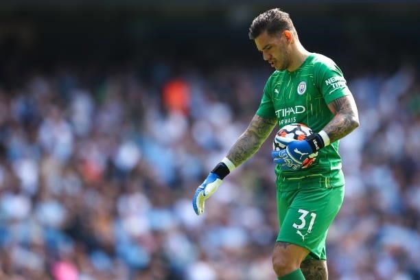 Ederson of Manchester City during the Premier League match between Manchester City and Arsenal at Etihad Stadium on August 28, 2021 in Manchester,...