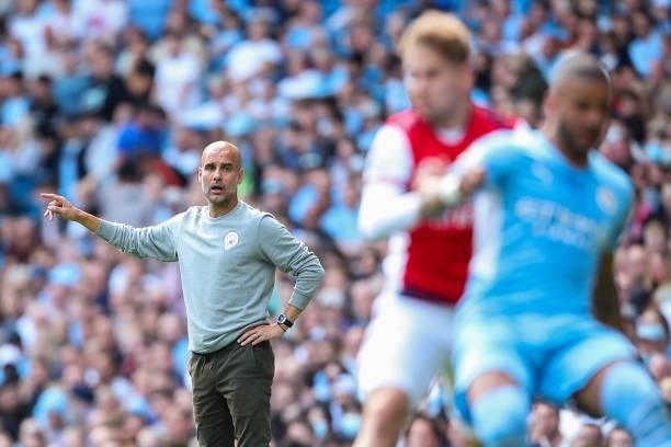 Pep Guardiola the head coach / manager of Manchester City during the Premier League match between Manchester City and Arsenal at Etihad Stadium on...