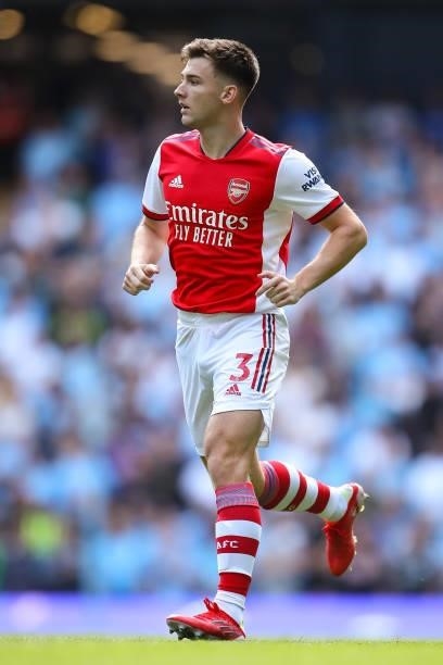Kieran Tierney of Arsenal during the Premier League match between Manchester City and Arsenal at Etihad Stadium on August 28, 2021 in Manchester,...