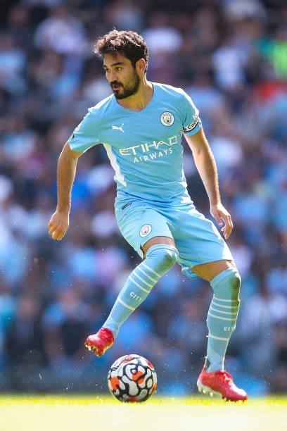 Ilkay Gundogan of Manchester City during the Premier League match between Manchester City and Arsenal at Etihad Stadium on August 28, 2021 in...