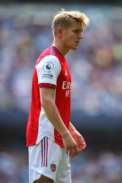 Martin Odegaard of Arsenal during the Premier League match between Manchester City and Arsenal at Etihad Stadium on August 28, 2021 in Manchester,...