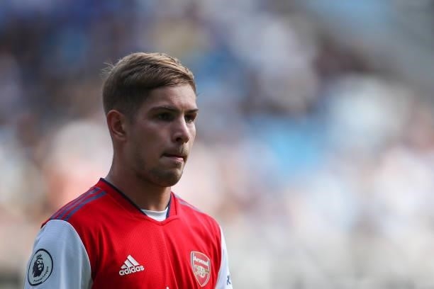 Emile Smith Rowe of Arsenal during the Premier League match between Manchester City and Arsenal at Etihad Stadium on August 28, 2021 in Manchester,...