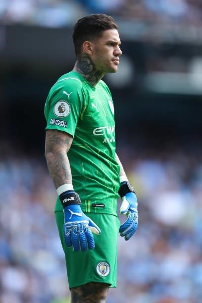 Ederson of Manchester City during the Premier League match between Manchester City and Arsenal at Etihad Stadium on August 28, 2021 in Manchester,...