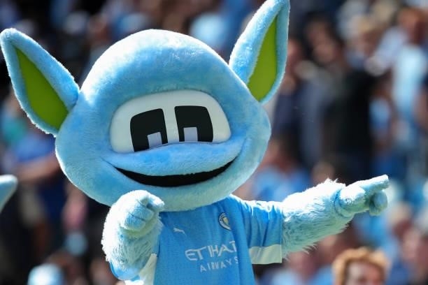 Moonchester mascot of Manchester City during the Premier League match between Manchester City and Arsenal at Etihad Stadium on August 28, 2021 in...