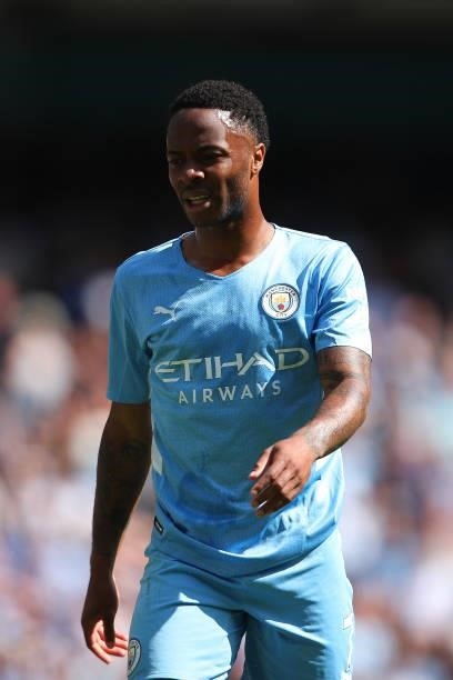 Raheem Sterling of Manchester City during the Premier League match between Manchester City and Arsenal at Etihad Stadium on August 28, 2021 in...