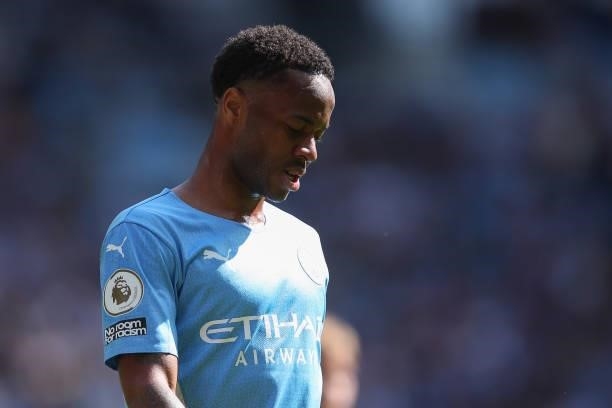 Raheem Sterling of Manchester City during the Premier League match between Manchester City and Arsenal at Etihad Stadium on August 28, 2021 in...
