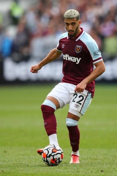 Said Benrahma of West Ham United in action during the Premier League match between West Ham United and Crystal Palace at London Stadium on August 28,...