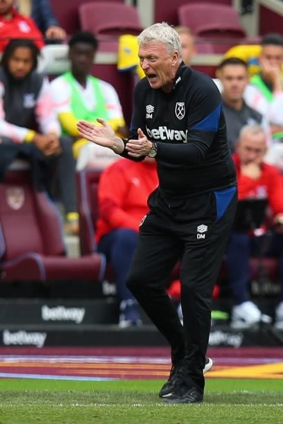West Ham United manager David Moyes shouts instructions to his team from the technical area during the Premier League match between West Ham United...