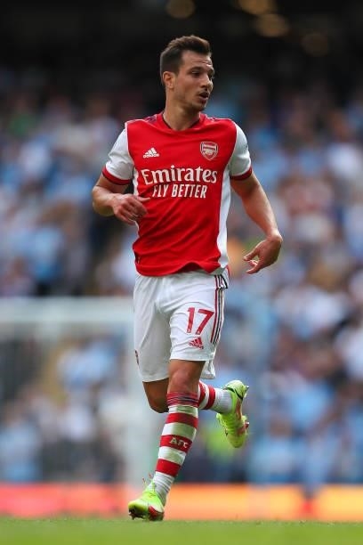 Cedric Soares of Arsenal during the Premier League match between Manchester City and Arsenal at Etihad Stadium on August 28, 2021 in Manchester,...