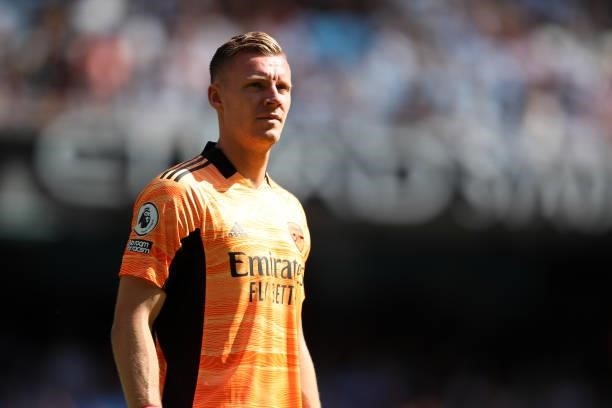 Bernd Leno of Arsenal during the Premier League match between Manchester City and Arsenal at Etihad Stadium on August 28, 2021 in Manchester, England.