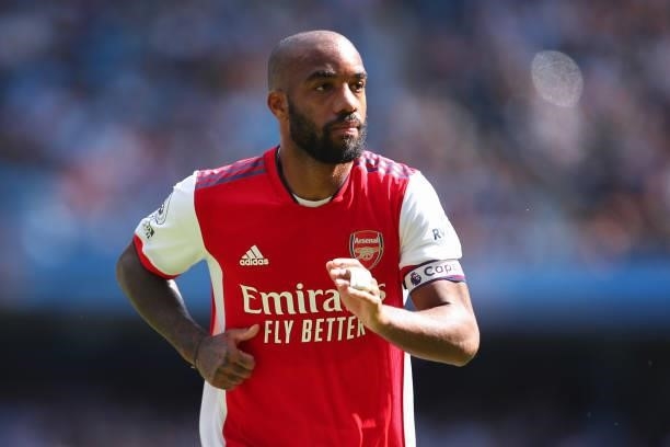 Alexandre Lacazette of Arsenal during the Premier League match between Manchester City and Arsenal at Etihad Stadium on August 28, 2021 in...
