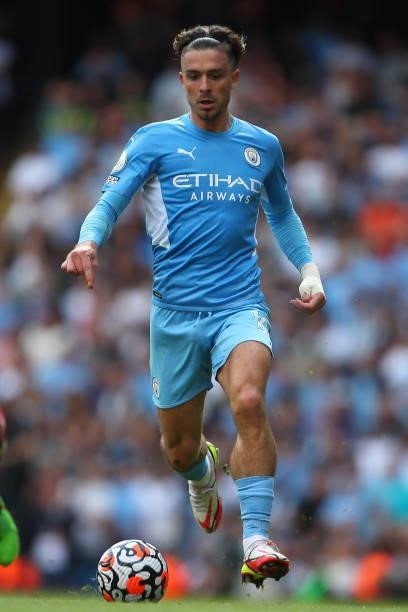 Jack Grealish of Manchester City during the Premier League match between Manchester City and Arsenal at Etihad Stadium on August 28, 2021 in...