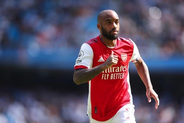 Alexandre Lacazette of Arsenal during the Premier League match between Manchester City and Arsenal at Etihad Stadium on August 28, 2021 in...