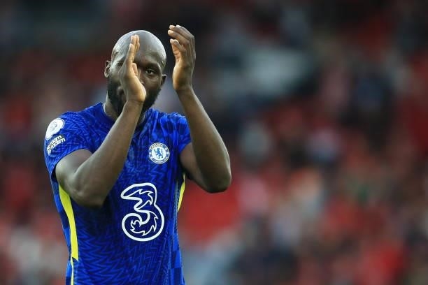 Romelu Lukaku of Chelsea applauds after the Premier League match between Liverpool and Chelsea at Anfield on August 28, 2021 in Liverpool, England.