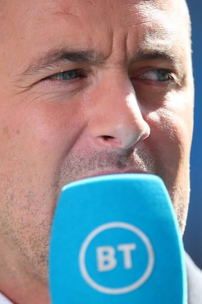 Joe Cole reporting for BT Sport during the Premier League match between Manchester City and Arsenal at Etihad Stadium on August 28, 2021 in...