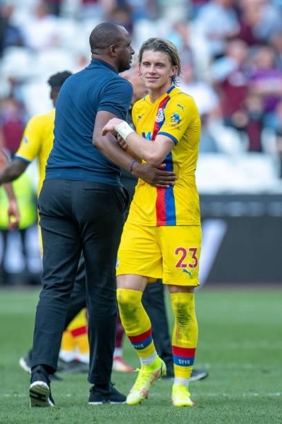 Manager Patrick Vieira and Conor Gallagher of Crystal Palace during the Premier League match between West Ham United and Crystal Palace at London...