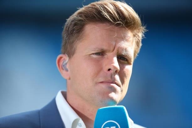 Jake Humphrys reporting for BT Sport during the Premier League match between Manchester City and Arsenal at Etihad Stadium on August 28, 2021 in...