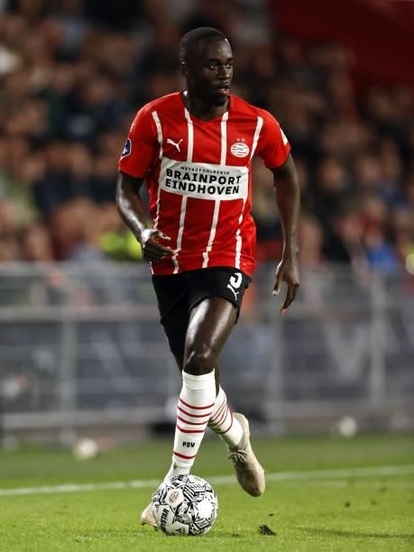 Jordan Teze of PSV Eindhoven during the Dutch Eredivisie match between PSV Eindhoven and FC Groningen at Phillips Stadium on August 28, 2021 in...