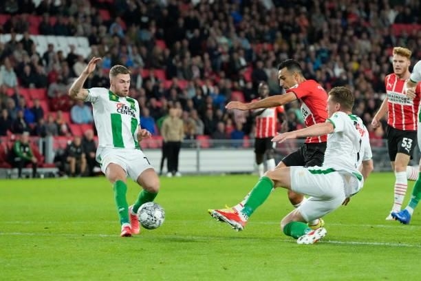 Eran Zahavi of PSV scores the sixth goal to make it 4-2, Wessel Dammers of FC Groningen during the Dutch Eredivisie match between PSV v FC Groningen...