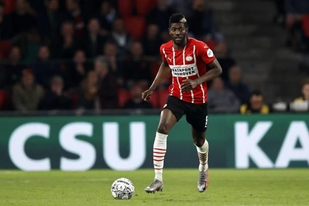 Ibrahim Sangare of PSV Eindhoven during the Dutch Eredivisie match between PSV Eindhoven and FC Groningen at Phillips Stadium on August 28, 2021 in...