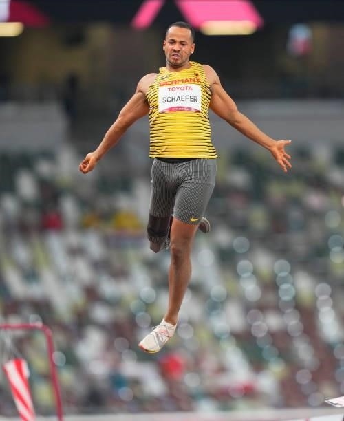 Leon Schaefer from Germany at longjump during athletics at the Tokyo Paralympics, Tokyo Olympic Stadium, Tokyo, Japan on August 28, 2021.