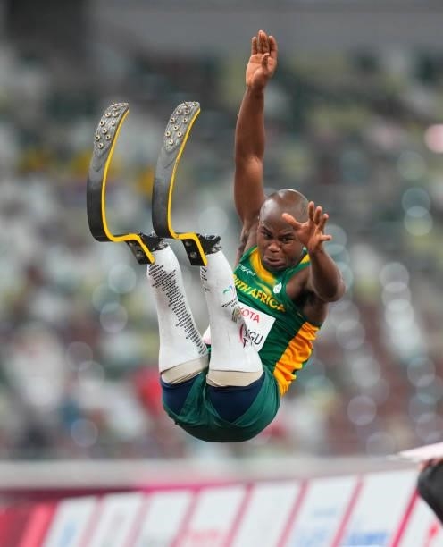 Ntando Mahlangu from South Africa winning and beating the world record at Longjump during athletics at the Tokyo Paralympics, Tokyo Olympic Stadium,...