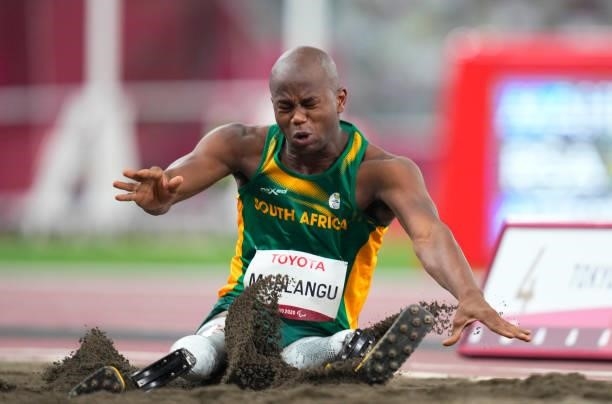 Ntando Mahlangu from South Africa winning and beating the world record at Longjump during athletics at the Tokyo Paralympics, Tokyo Olympic Stadium,...