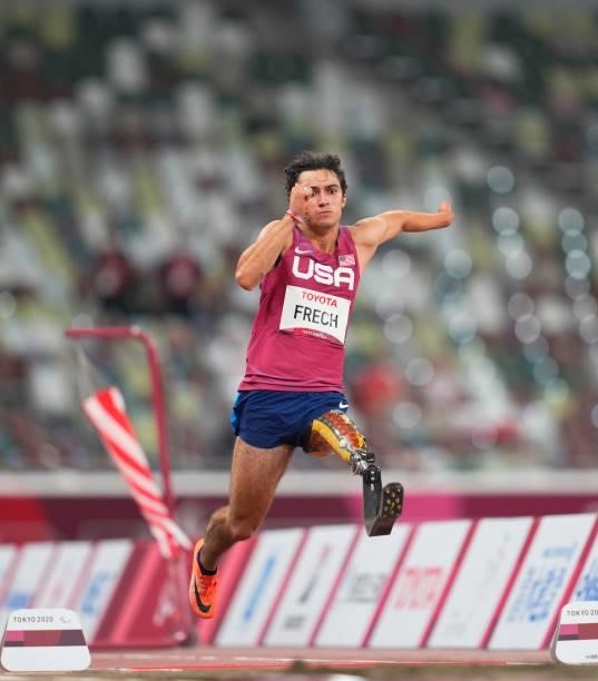 Ezra Frech from USA at longjump during athletics at the Tokyo Paralympics, Tokyo Olympic Stadium, Tokyo, Japan on August 28, 2021.