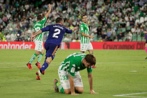 Dani Carvajal of Real Madrid celebrates 0-1 during the La Liga Santander match between Real Betis Sevilla v Real Madrid at the Estadio Benito...