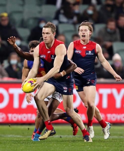Tom McDonald of the Demons during the 2021 AFL First Qualifying Final match between the Melbourne Demons and the Brisbane Lions at Adelaide Oval on...