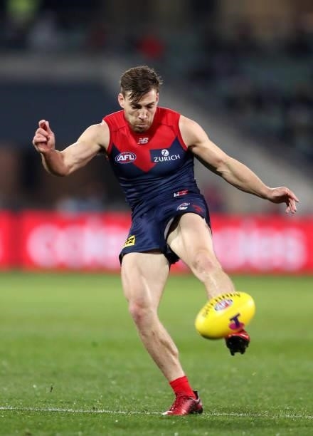 Jack Viney of the Demons kicks the ball during the 2021 AFL First Qualifying Final match between the Melbourne Demons and the Brisbane Lions at...