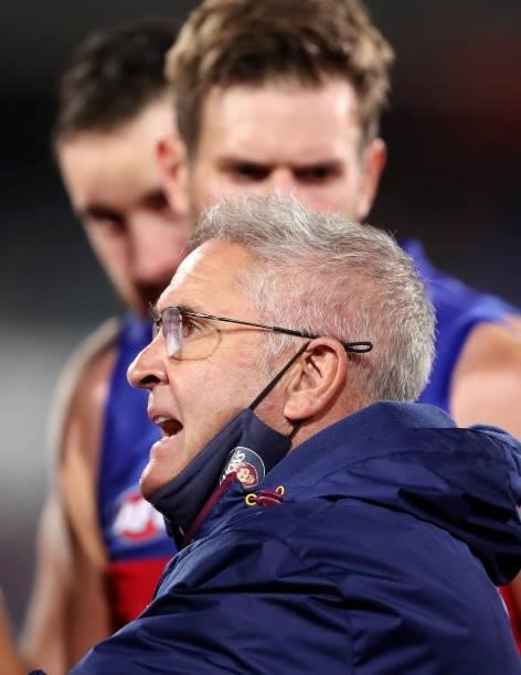 Chris Fagan, Senior Coach of the Lions at 3 quarter time during the 2021 AFL First Qualifying Final match between the Melbourne Demons and the...