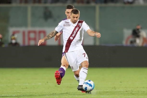 Karol Linetty of Torino FC in action during the Serie A match between ACF Fiorentina and Torino FC at Stadio Artemio Franchi on August 28, 2021 in...