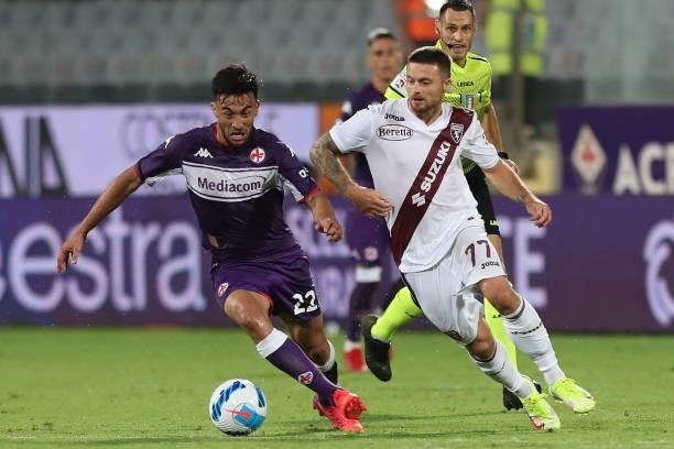 Karol Linetty of Torino FC in action against Nicholas Gonzalez of ACF Fiorentinaduring the Serie A match between ACF Fiorentina and Torino FC at...
