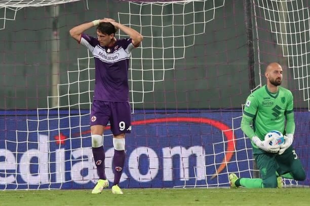 Dusan Vlahovic of ACF Fiorentina reacts during the Serie A match between ACF Fiorentina and Torino FC at Stadio Artemio Franchi on August 28, 2021 in...