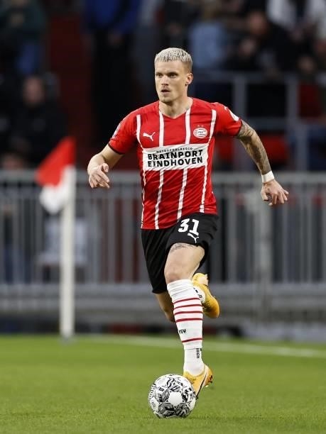 Philipp Max of PSV Eindhoven during the Dutch Eredivisie match between PSV Eindhoven and FC Groningen at Phillips Stadium on August 28, 2021 in...